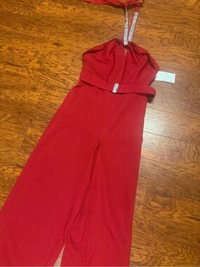 Red Rhinestone-Strap Halter Jumpsuit